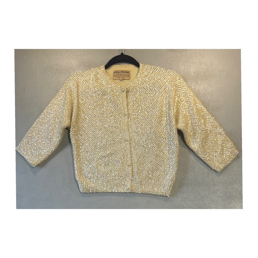 Vintage A Faris Original Hand Made Wool Beaded Sequin Cardigan Yellow Small 60s